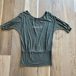 Bebe vintage oversized cotton rhinestone logo top back open long top green s